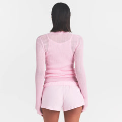 SHEER KNIT CARDIGAN | PEONY ON A MODEL BACK VIEW @ | FOCUS: 0.0, 1.0, 0.9