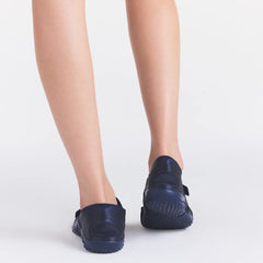 NikeSKIMS FOOTWEAR RIFT SATIN | NAVY ON A MODEL SIDE VIEW @ | FOCUS: 0.0, 1.0, 0.9