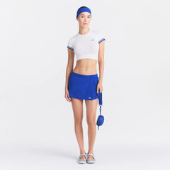 NikeSKIMS STRETCH NYLON SKORT | COBALT ON A MODEL FRONT VIEW| FOCUS: 0.0, 1.0, 0.9 @ | FOCUS: 0.0, 1.0, 0.9