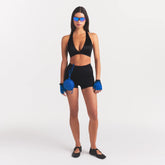 NikeSKIMS SATIN SHINE RACERBACK BRA BRA | OBSIDIAN ON A MODEL FRONT VIEW @ | FOCUS: 0.0, 1.0, 0.9
