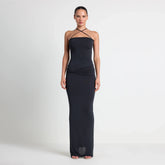 VETTESE X SKIMS SHEER MODAL LONG DRESS | ONYX ON A MODEL FRONT VIEW | FOCUS: 0.0, 1.0, 0.9