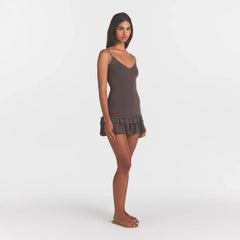 SHEER KNIT RUFFLE DRESS | AMETHYST ON A MODEL SIDE VIEW @ | FOCUS: 0.0, 1.0, 0.9