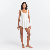 COTTON POPLIN MINI SMOCKED DRESS | SNOW ON A MODEL FRONT VIEW @ | FOCUS: 0.0, 1.0, 0.9
