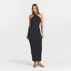 SMOOTH LAYERS CONVERTIBLE LONG DRESS | OBSIDIAN ON A MODEL FRONT VIEW @ | FOCUS: 0.0, 1.0, 0.9