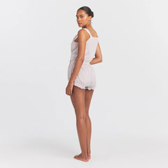 VOILE SLEEP ONESIE | LIGHT LILAC ON A MODEL FRONT VIEW @ | FOCUS: 0.0, 1.0, 0.9