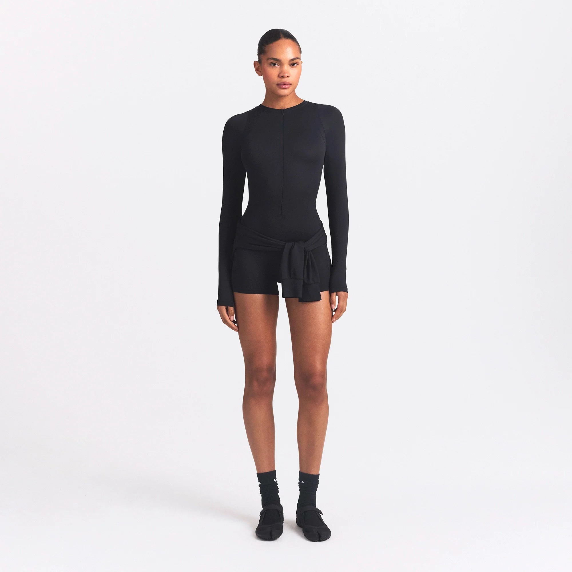 NikeSKIMS AIRY CREWNECK LONG SLEEVE ONE PIECE | OBSIDIAN ON A MODEL FRONT VIEW @ | FOCUS: 0.0, 1.0, 0.9