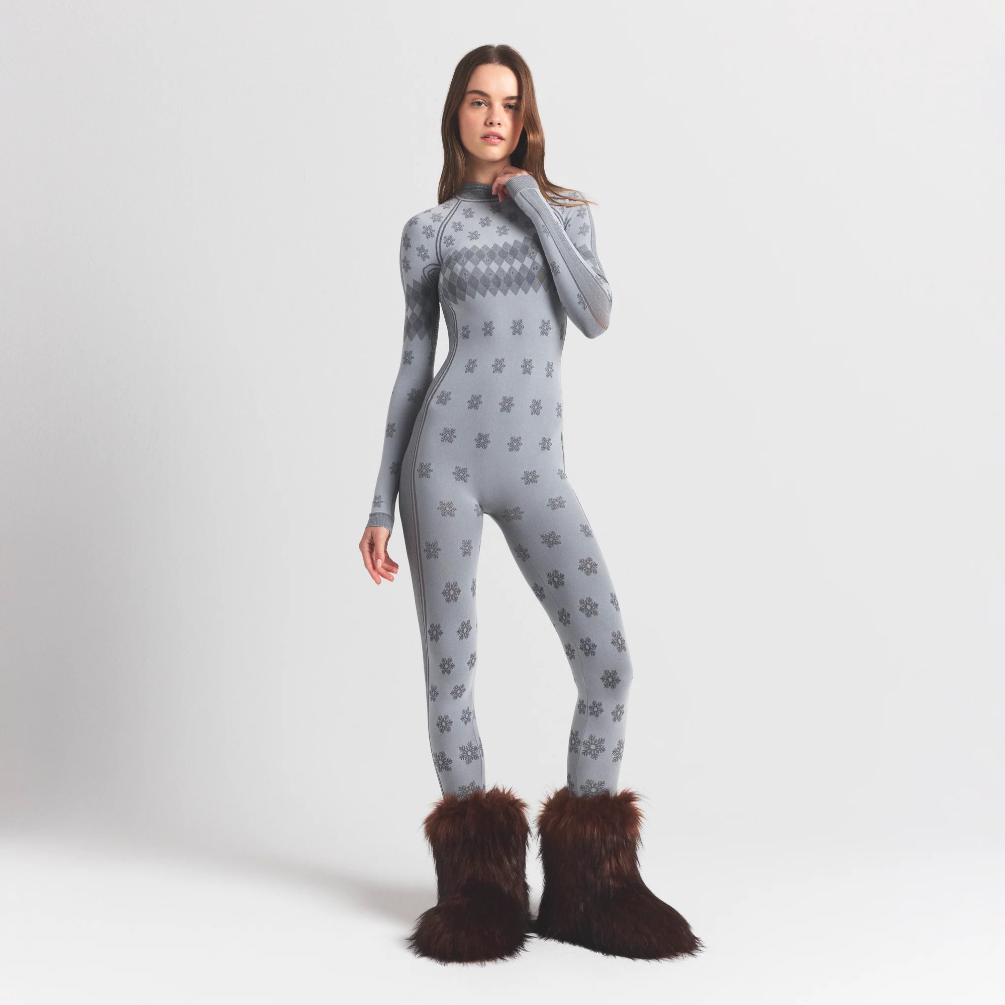 SKIMS FIRST LAYERS TURTLENECK CATSUIT | MIRROR WINTER FAIR ISLE ON A MODEL FRONT VIEW @ | FOCUS: 0.0, 1.0, 0.9