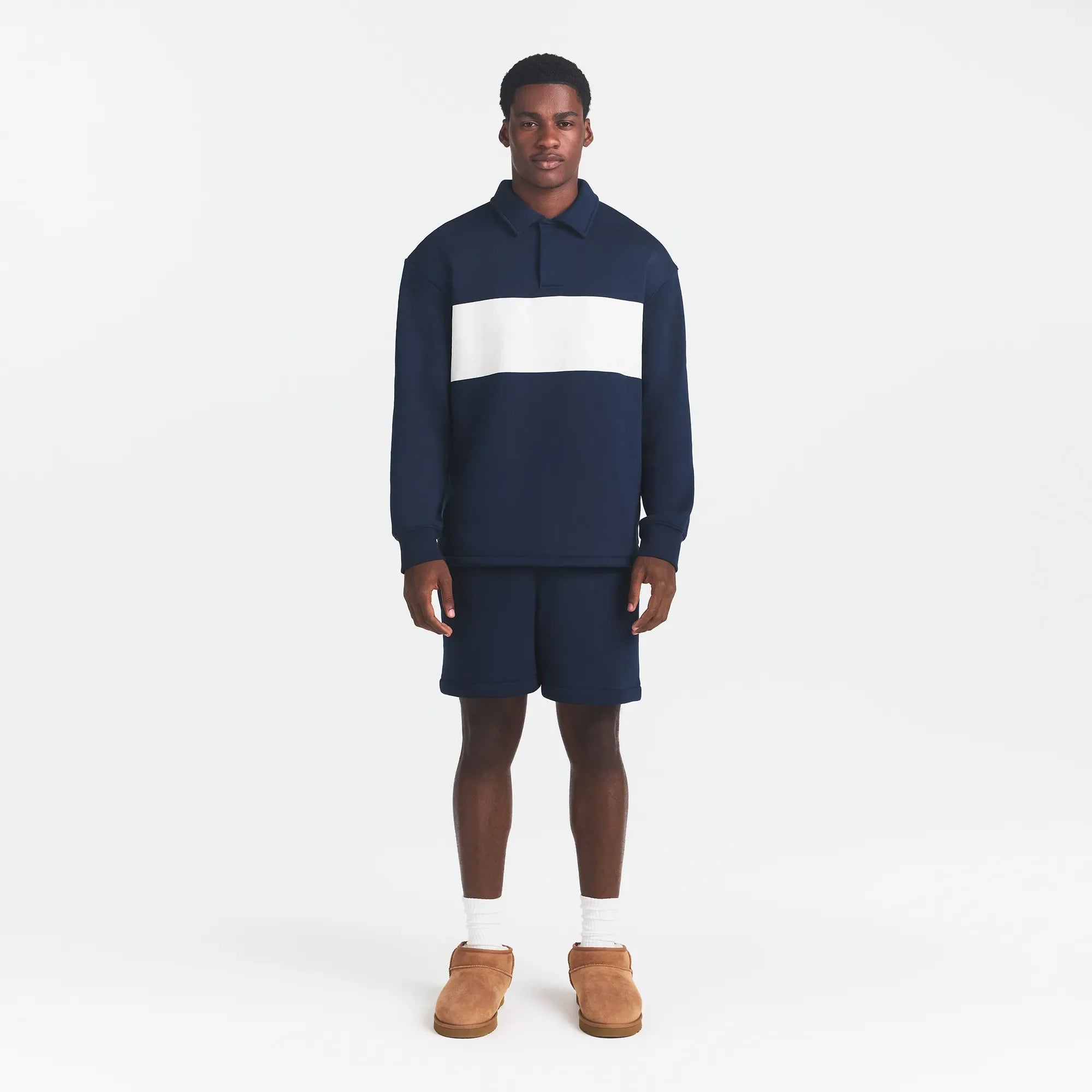 FLEECE LOUNGE MENS RUGBY POLO | NAVY ON A MODEL FRONT VIEW @ | FOCUS: 0.0, 1.0, 0.9