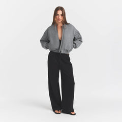 NEOPRENE OUTERWEAR REVERSIBLE BOMBER JACKET | DARK HEATHER GREY ON A MODEL FRONTVIEW @ | FOCUS: 0.0, 1.0, 0.9