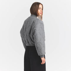 NEOPRENE OUTERWEAR REVERSIBLE BOMBER JACKET | DARK HEATHER GREY ON A MODEL SIDEVIEW @ | FOCUS: 0.0, 1.0, 0.9