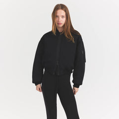 NEOPRENE OUTERWEAR REVERSIBLE BOMBER JACKET | OBSIDIAN ON A MODEL FRONTVIEW @ | FOCUS: 0.0, 1.0, 0.9