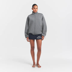 NEOPRENE OUTERWEAR OVERSIZED MOCK NECK JACKET | DARK HEATHER GREY ON A MODEL FRONTVIEW @ | FOCUS: 0.0, 1.0, 0.9