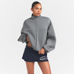 NEOPRENE OUTERWEAR OVERSIZED MOCK NECK JACKET | DARK HEATHER GREY ON A MODEL FRONTVIEW @ | FOCUS: 0.0, 1.0, 0.9