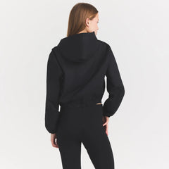 WOVEN COTTON CROPPED ZIP UP JACKET | ONYX ON A MODEL SIDE VIEW @ | FOCUS: 0.0, 1.0, 0.9