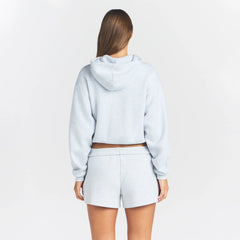 COTTON FLEECE CLASSIC HOODIE | LIGHT HEATHER GREY ON A MODEL BACK VIEW @ | FOCUS: 0.0, 1.0, 0.9
