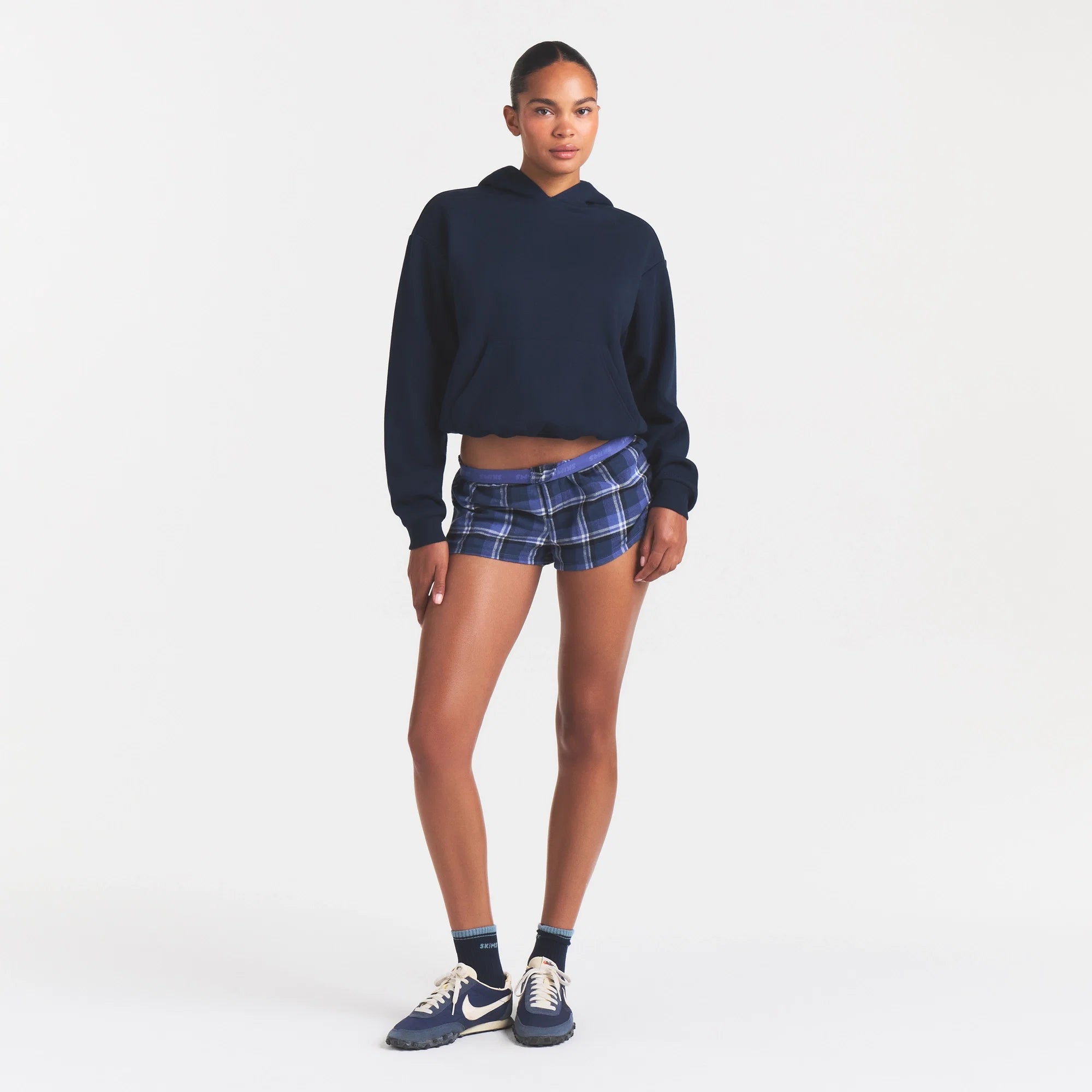 COTTON FLEECE CLASSIC HOODIE | NAVY ON A MODEL FRONT VIEW @ | FOCUS: 0.0, 1.0, 0.9