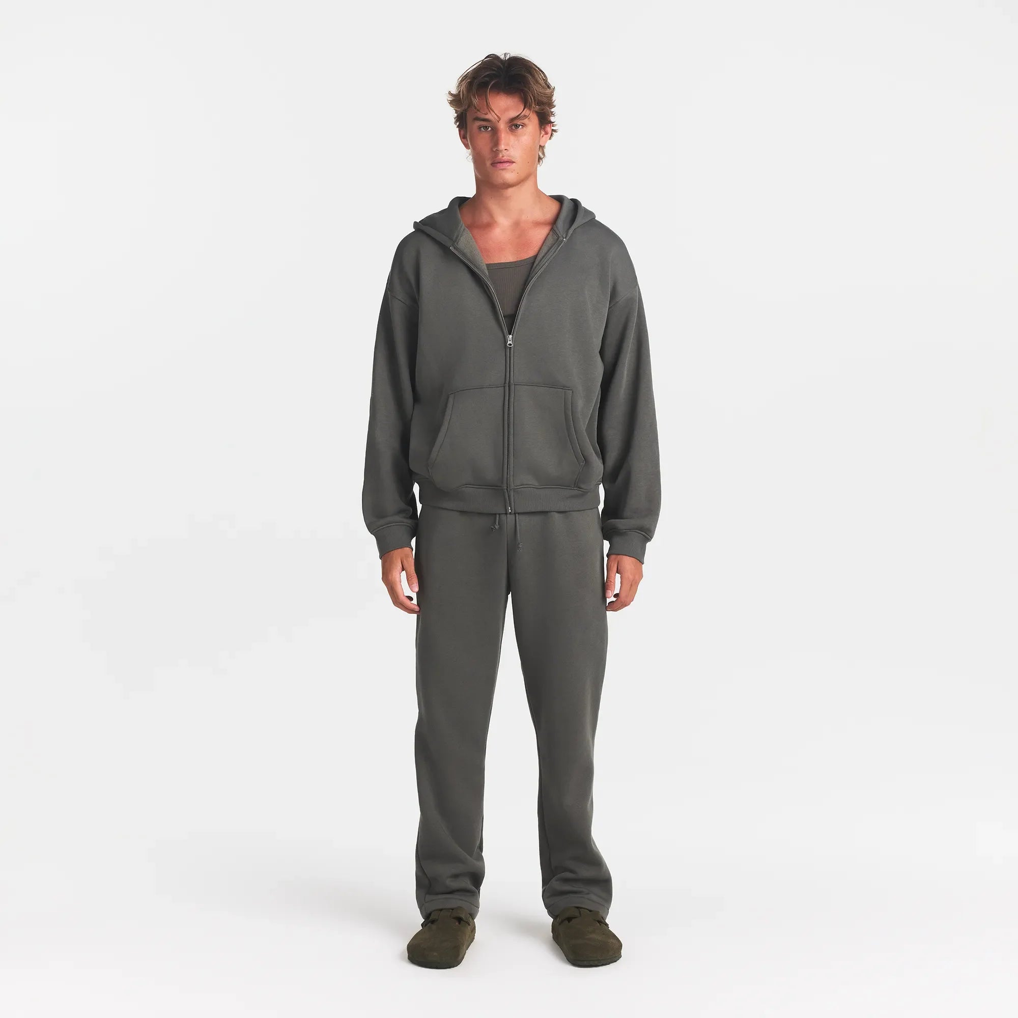 FLEECE LOUNGE MENS RELAXED ZIP UP HOODIE | JUNGLE ON A MODEL FRONT VIEW @ | FOCUS: 0.0, 1.0, 0.9