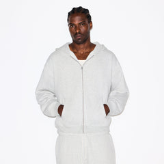 FLEECE LOUNGE MENS RELAXED ZIP UP HOODIE | LIGHT HEATHER GREY ON A MODEL SIDE VIEW @ | FOCUS: 0.0, 1.0, 0.9