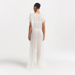 SKIMS ROMANCE LONG ROBE | IVORY ON A MODEL FRONT VIEW @ | FOCUS: 0.0, 1.0, 0.9