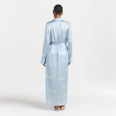 WOVEN SHINE LONG ROBE | AERO WING HEARTS PRINT ON A MODEL FRONT VIEW @ | FOCUS: 0.0, 1.0, 0.9