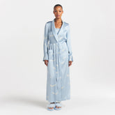 WOVEN SHINE LONG ROBE | AERO WING HEARTS PRINT ON A MODEL FRONT VIEW @ | FOCUS: 0.0, 1.0, 0.9