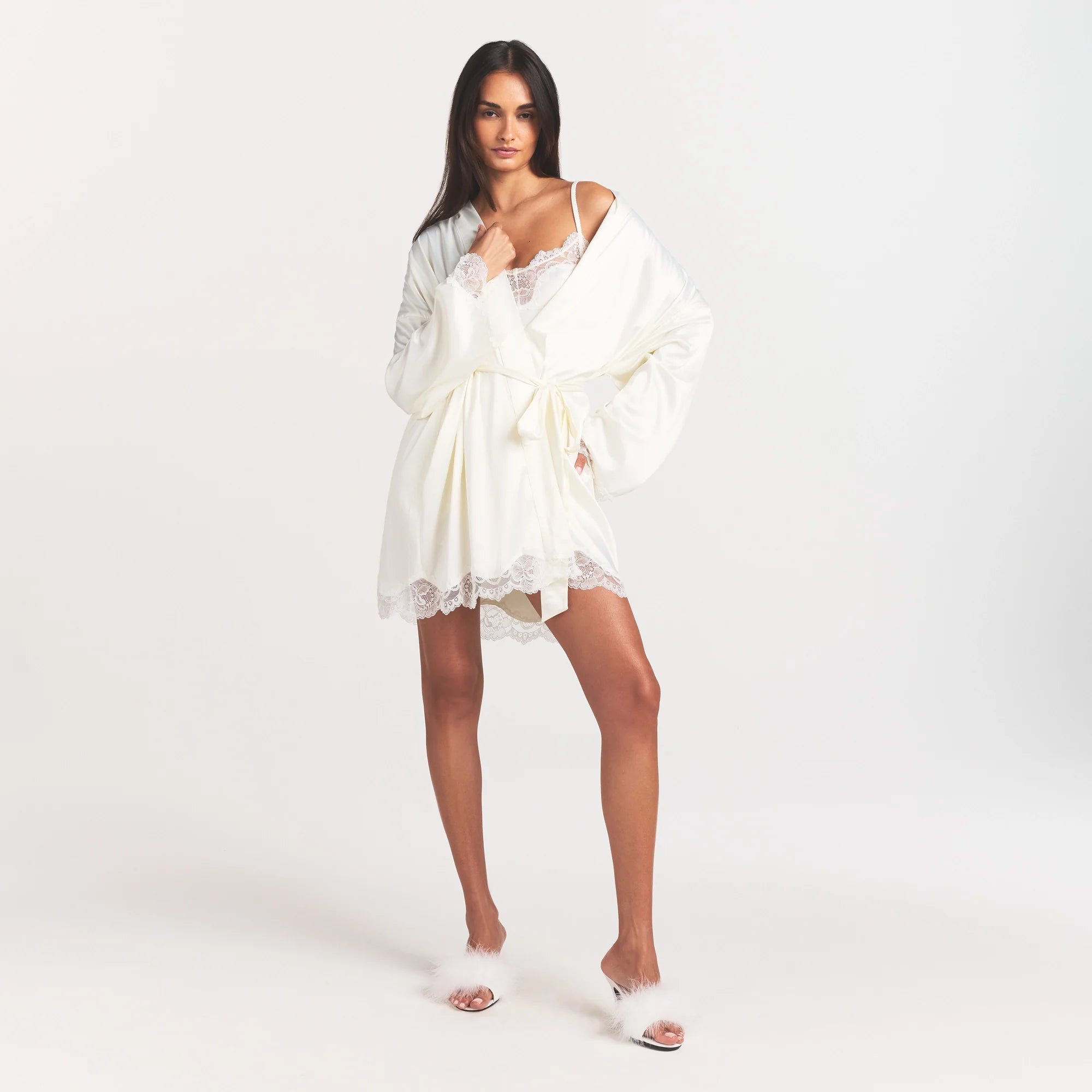 WOVEN SHINE LACE ROBE | IVORY ON A MODEL FRONT VIEW @ | FOCUS: 0.0, 1.0, 0.9