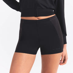 NikeSKIMS MATTE AND SHINE DRAWCORD 2" SHORT | OBSIDIAN/IGNEOUS ON A MODEL SIDE VIEW @ | FOCUS: 0.0, 1.0, 0.9