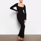 WORN BY A MODEL IN FRONT VIEW SOFT LOUNGE LONG SLEEVE DRESS IN ONYX