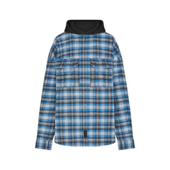 OUTDOOR FLANNEL OVERSIZED HOODED SHIRT | AZURE PLAID & LAYS FLAT ON A WHITE BACKGROUND | FLT