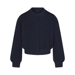 COTTON FLEECE SHRUNKEN CARDIGAN | NAVY & LAYS FLAT ON A WHITE BACKGROUND | FLT