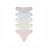 FITS EVERYBODY LACE DIPPED THONG 5-PACK | IVORY PEARL BOW MULTI LAYS FLAT ON A WHITE BACKGROUND | @ | FOCUS: 0.0, 1.0, 0.9