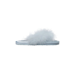 FAUX FEATHER SLIPPER | BABY BLUE LAYS FLAT ON A WHITE BACKGROUND | @ | FOCUS: 0.0, 1.0, 0.9