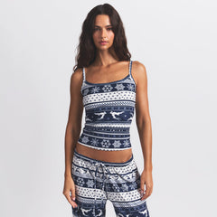 LOGO PLUSH POINTELLE CAMI | NAVY DEER FAIR ISLE ON A MODEL FRONT VIEW @ | FOCUS: 0.0, 1.0, 0.9