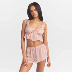 SKIMS ROMANCE BABYDOLL AND SHORT SET | MORGANITE ON A MODEL FRONT VIEW @ | FOCUS: 0.0, 1.0, 0.9