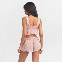 SKIMS ROMANCE BABYDOLL AND SHORT SET | MORGANITE ON A MODEL BACK VIEW @ | FOCUS: 0.0, 1.0, 0.9