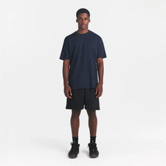 HEAVYWEIGHT COTTON MENS RELAXED T-SHIRT | BLUE BLACK ON A MODEL FRONT VIEW @ | FOCUS: 0.0, 1.0, 0.9