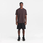 HEAVYWEIGHT COTTON MENS RELAXED T-SHIRT | RAISIN ON A MODEL FRONT VIEW @ | FOCUS: 0.0, 1.0, 0.9