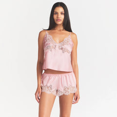 SILK LACE CAMI | PEONY TONAL ON A MODEL SIDE VIEW @ | FOCUS: 0.0, 1.0, 0.9