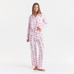 SKIMS SLEEP LONG SLEEVE BUTTON UP SET | PEONY BUTTERFLY PRINT ON A MODEL FRONT VIEW @ | FOCUS: 0.0, 1.0, 0.9