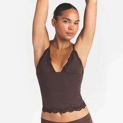 FITS EVERYBODY LACE TRIANGLE CAMI AND BOY SHORT SET | ESPRESSO ON A MODEL FRONT VIEW | FOCUS: 0.0, 1.0, 0.9