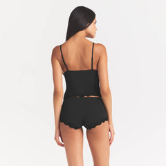 FITS EVERYBODY LACE TRIANGLE CAMI AND BOY SHORT SET | ONYX ON A MODEL BACK VIEW