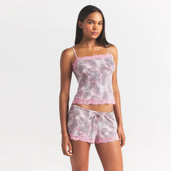 SKIMS SLEEP CAMI AND SHORT SET | BLOOM MINI MULTI ANIMAL ON A MODEL FRONT VIEW @ | FOCUS: 0.0, 1.0, 0.9
