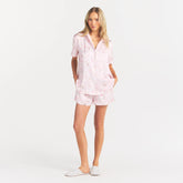WOVEN SHINE SHORT SLEEP SET | BARELY PINK SNACK BAG ON A MODEL FRONT VIEW @ | FOCUS: 0.0, 1.0, 0.9