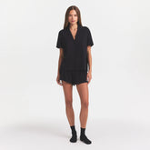ORGANIC COTTON SLEEP SHORT SLEEVE SET | OBSIDIAN ON A MODEL FRONT VIEW @ | FOCUS: 0.0, 1.0, 0.9