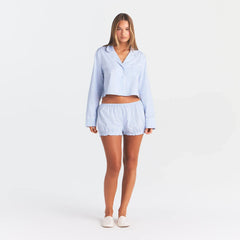 COTTON POPLIN SLEEP CROPPED BUTTON UP AND BLOOMER SET | MARINA MESH STRIPE ON A MODEL | FOCUS: 0.0, 1.0, 0.9