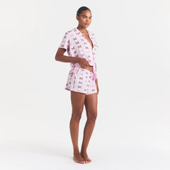 SKIMS SLEEP SHORT SLEEVE BUTTON UP SET | PEONY BUTTERFLY PRINT ON A MODEL FRONT VIEW @ | FOCUS: 0.0, 1.0, 0.9