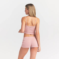 SHEER RIB LACE CAMI AND SHORT SET | MORGANITE ON A MODEL BACK VIEW @ | FOCUS: 0.0, 1.0, 0.9