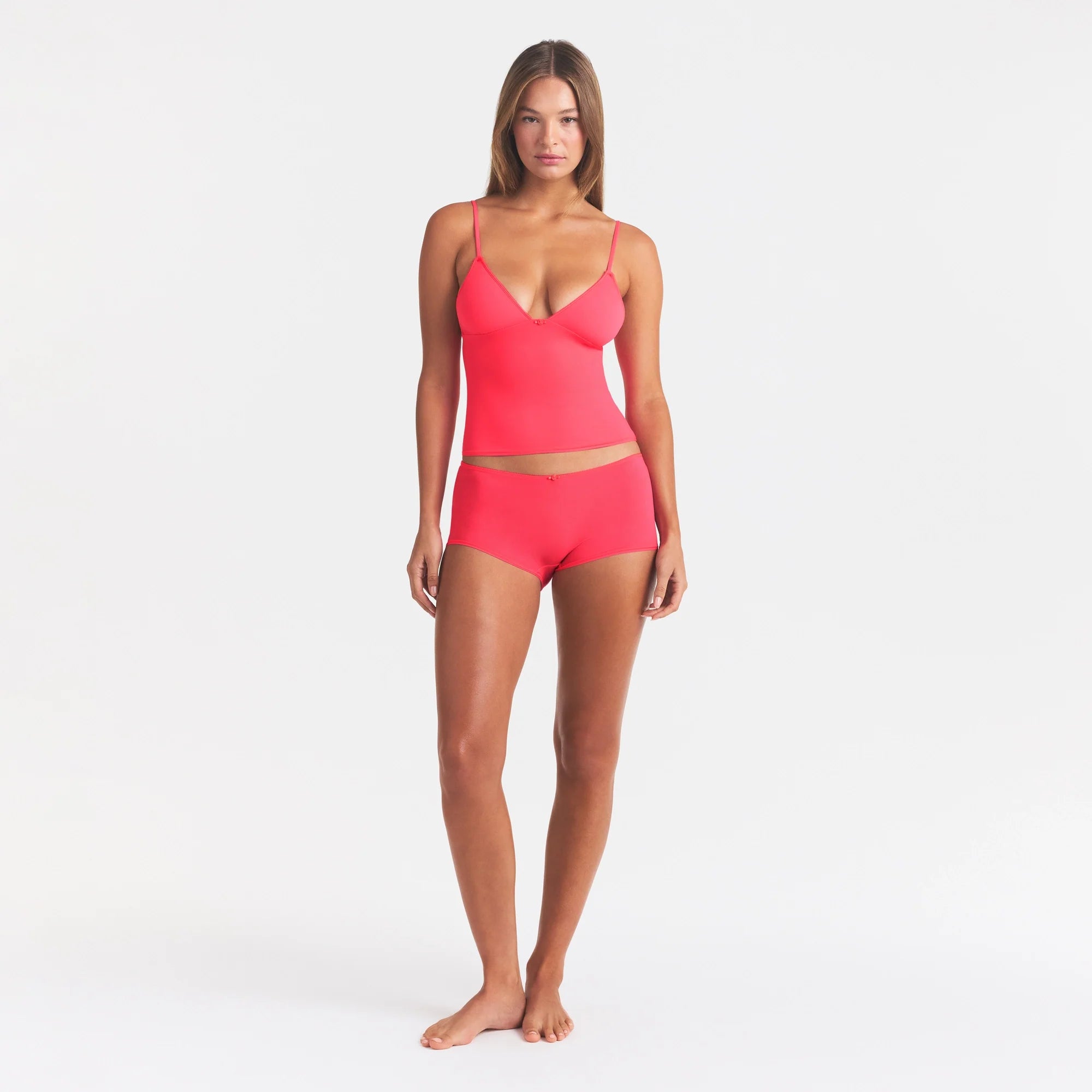 FITS EVERYBODY PICOT CAMI AND BOY SHORT SET | ULTRA PINK ON A MODEL FRONT VIEW @ | FOCUS: 0.0, 1.0, 0.9