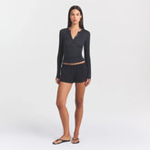 SHEER MODAL CREWNECK HENLEY | ONYX ON A MODEL FRONT VIEW
