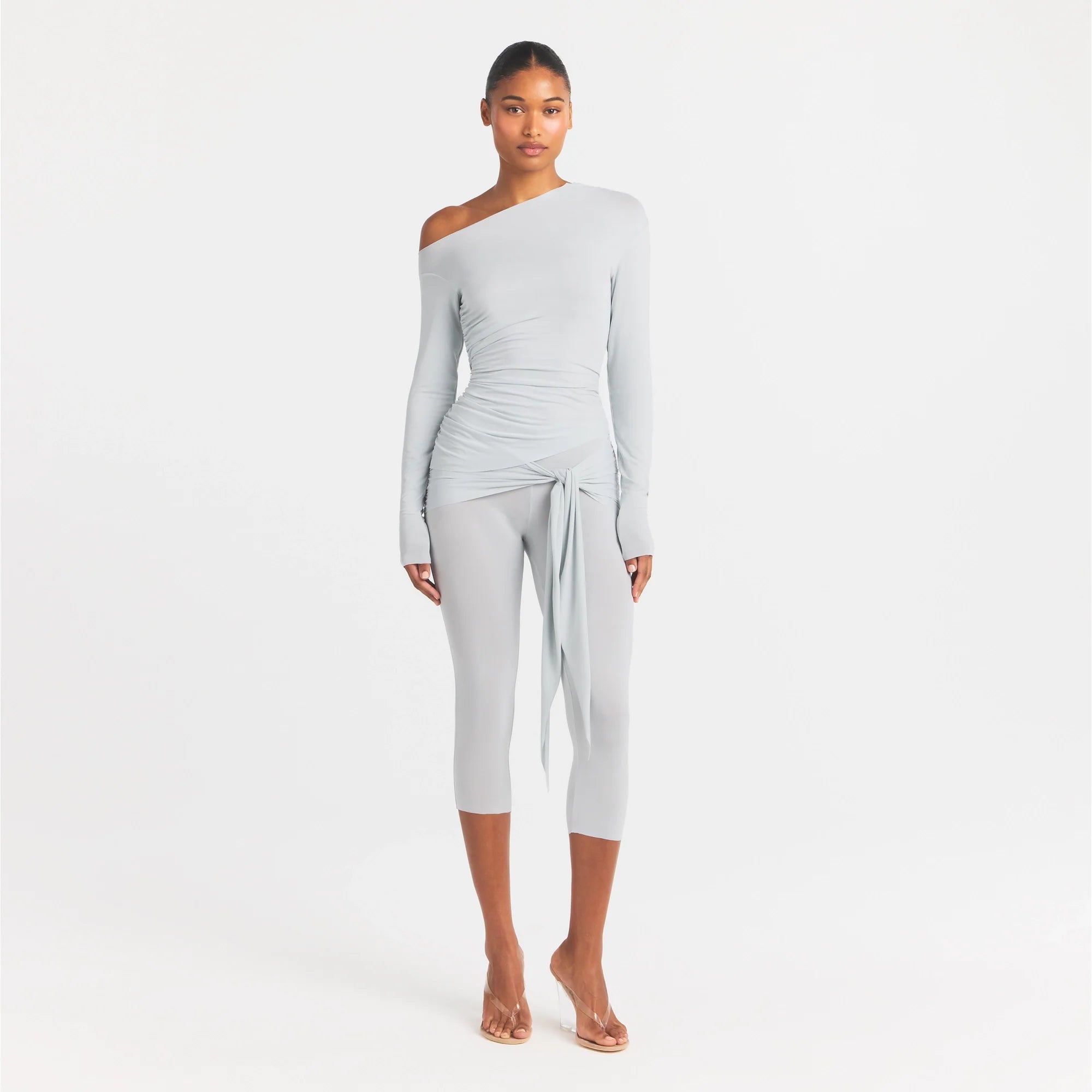CUPRO JERSEY ASYMMETRICAL TOP | PEARL ON A MODEL FRONT VIEW @ | FOCUS: 0.0, 1.0, 0.9